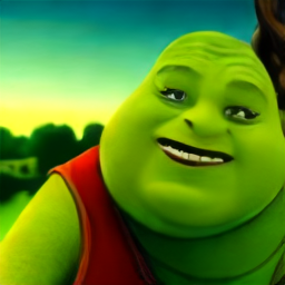Shrek in a red hat and blue shorts, standing on a beach